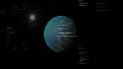 Poster - Earth appearing, rotating clockwise while C++ code drifting and covering globe, showing integration