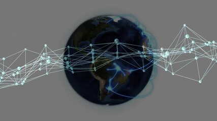 Poster - Network starting slow sliding over rotating dark-blue Earth globe, arcs tracing data flow