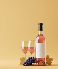 Poster - Elegant rose wine bottle with two filled glasses grapes cork and leaves on yellow background