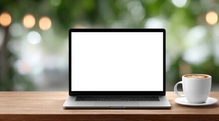 Poster - Modern open laptop on wooden table with coffee mug in bright outdoor setting