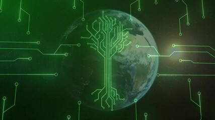 Poster - Rotating Earth driving green circuit lines merging, forming circuit-tree network retracting, fading