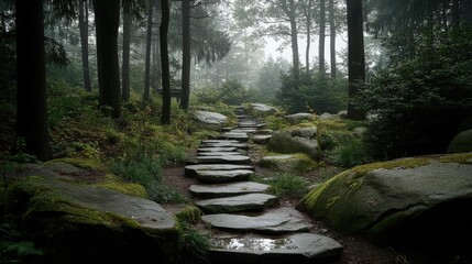 Poster - Serene Forest Path with Stepping Stones in Misty Atmosphere Calm Nature Scene