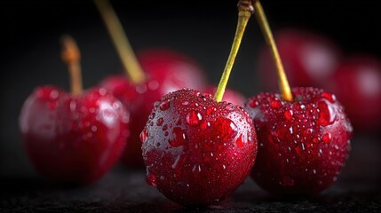 Poster - Close-up of fresh red cherries with water droplets on dark background