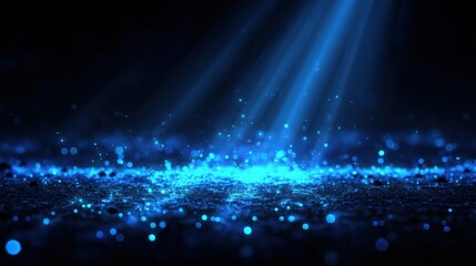 Poster - Vibrant Blue Light Beams and Sparkling Particles on Dark Background
