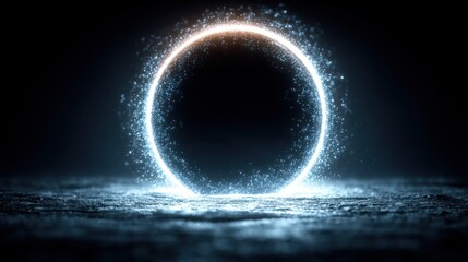 Poster - Enchanting glowing circle of bright light surrounded by shimme particles in darkness