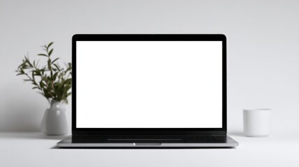 Poster - Minimalist workspace with open laptop, plant, and coffee mug on clean desk
