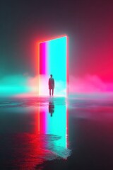 Aufkleber - Person Standing in Front of Bright Neon Open Doorway with Vibrant Lights