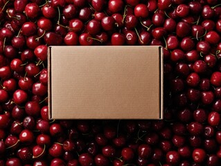Poster - Cardboard box resting on a bed of ripe red cherries with a textured background