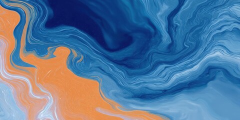 Poster - Abstract fluid art painting with swirling blue and orange marbled patterns