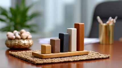Poster - Modern bar graph chart with colorful tall blocks representing data analysis and growth on wooden desk