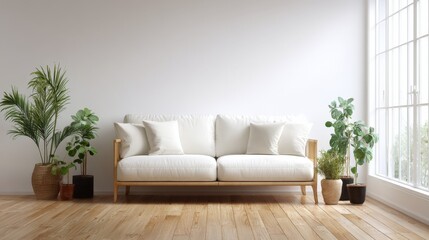 Poster - Bright Minimalist Living Room with White Sofa Natural Light Indoor Decor