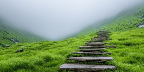 Poster - Serene Mountain Landscape with Stepping Stones Pathway through Green Valley in Foggy Climate