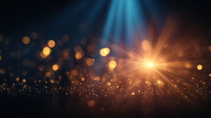 Poster - Vibrant bokeh lights with golden glow and sparkling particles in dark background