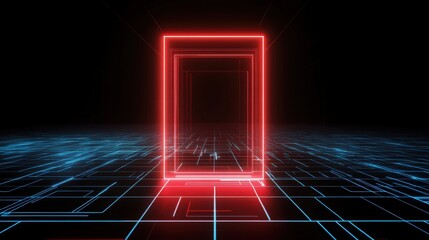Poster - Futuristic neon glowing doorway with digital grid background and vibrant light effects