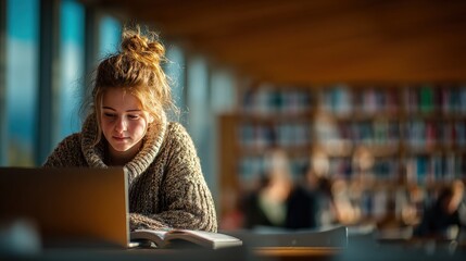Poster - Young woman studying and working on a laptop in a modern library with bookshelves and sunlight
