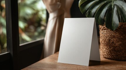 Poster - Blank white card or sheet of paper placed on wooden table near window with plant