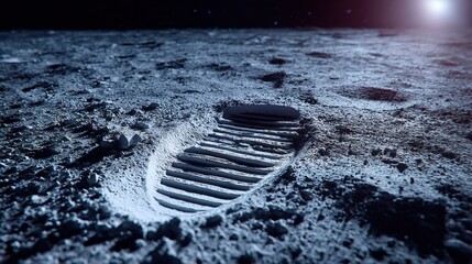 Poster - Detailed close-up of astronaut footprint on lunar surface with moonlit shadows and textured terrain