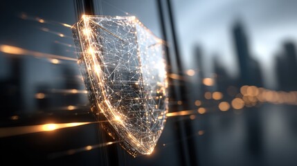 Poster - Futuristic digital security shield with glowing network connections in modern cityscape
