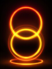 Poster - Vibrant glowing orange and yellow neon light circles with reflection on black background