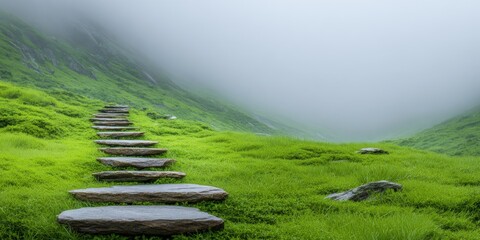 Poster - Serene green hillside landscape with stone steps leading through misty mountains