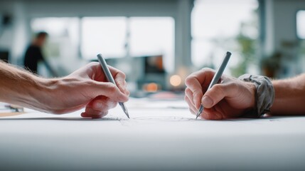 Poster - Two people collaborating on a creative project writing on large white paper in a modern office