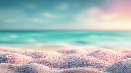 Poster - Vibrant sandy beach with gentle waves and colorful sunset sky in the background