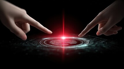 Aufkleber - Visually striking image of two hands reaching towards a bright red laser point over a dark textured surface with ripples and reflections