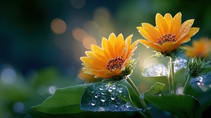 Aufkleber - Vibrant yellow flowers with dew drops on green leaves in a lush garden scene