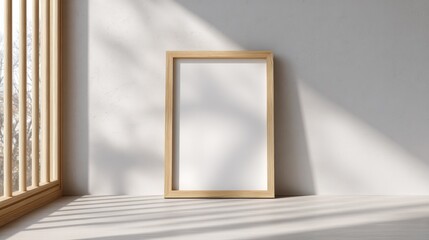 Poster - Empty wooden picture frame leaning against a white wall with shadows and sunlight