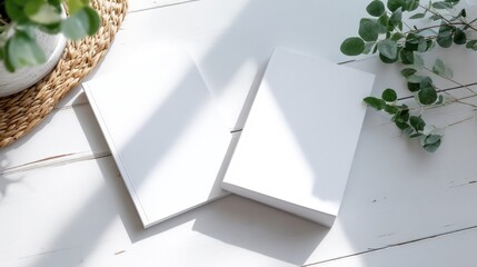 Aufkleber - Minimalist White Notebooks with Green Foliage on Wooden Desk Surface in Natural Light