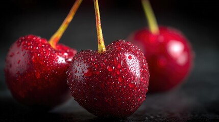 Poster - Close-up of fresh red cherries covered in water droplets on dark background