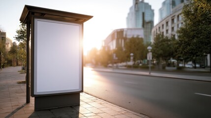 Poster - Empty advertising billboard on city street at sunset with modern buildings and trees