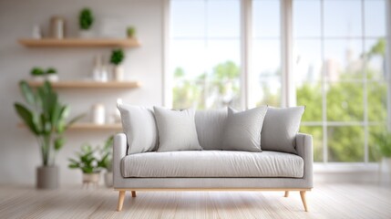 Poster - Bright and airy living room with modern white sofa large natural light