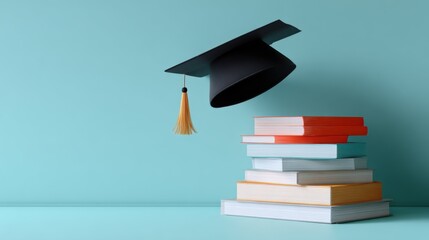 Poster - Graduation cap with tassel flying above stacked colorful books on light blue wall background