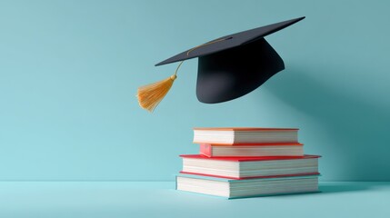 Poster - Graduation cap with tassel above stacked books on pastel background for education