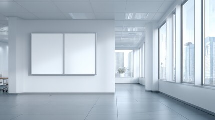 Poster - Modern Bright Office Interior with Large and City View in Open Space