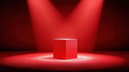 Aufkleber - Minimalist red cube illuminated by dramatic spotlight on dark stage background