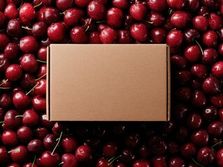 Poster - Flat empty brown cardboard box placed on a bed of fresh ripe red cherries