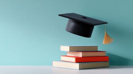 Poster - Graduation cap with tassel placed above stacked books on a pastel background