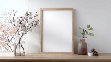 Poster - Minimalist interior decor with empty wooden frame, plant vase, and flowers on light wooden table