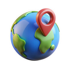 Poster - Cartoon earth globe with red location pin icon isolated on transparent background