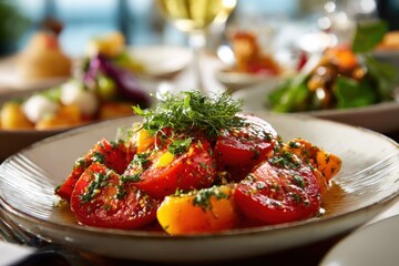 Poster - Fresh Tomato Salad with Herbs and Vegetables on a White Plate in a Bright Dining Setting