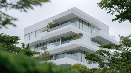 Aufkleber - Modern layered white residential building with large glass surrounded by green trees