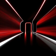 Poster - Futuristic Tunnel with Red and White Neon Lights and Long Perspective View