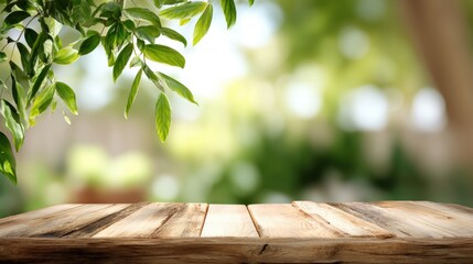 Poster - Bright and sunny outdoor scene with a rustic wooden table and lush green foliage