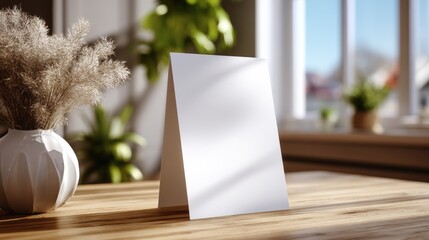 Poster - Minimalist white folded blank paper note standing upright on wooden table with houseplants and sunlight in background