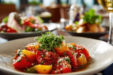 Poster - Fresh colorful vegetable salad with herbs cheese and dressing served on white plate