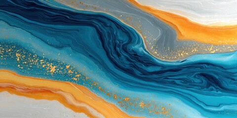 Poster - Vibrant abstract fluid art painting with deep blue orange and gold accents