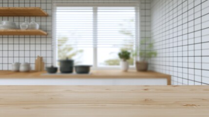 Poster - Bright Minimalist Kitchen Interior with White Tiled Walls and Wooden Shelves