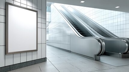 Poster - Modern airport interior with empty space, moving walkway, white tiled walls